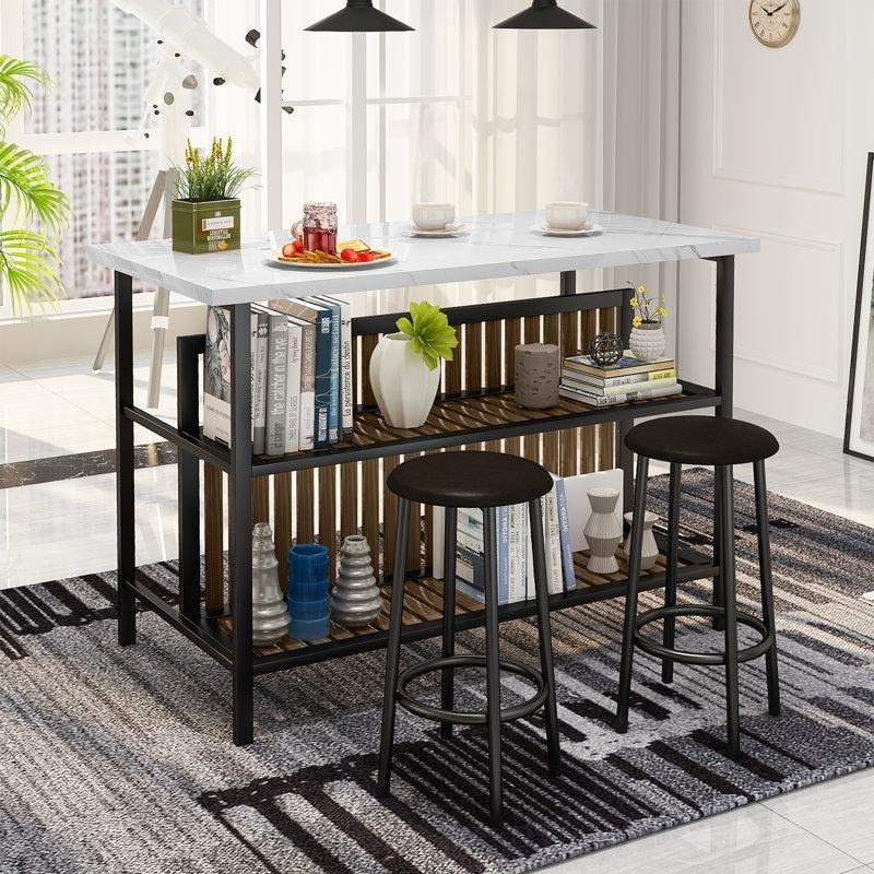 Beyaz ve Kahverengi MDF ve Metal Raflı 2 Tabureli Mutfak Adası - 120x60 cm - 176368