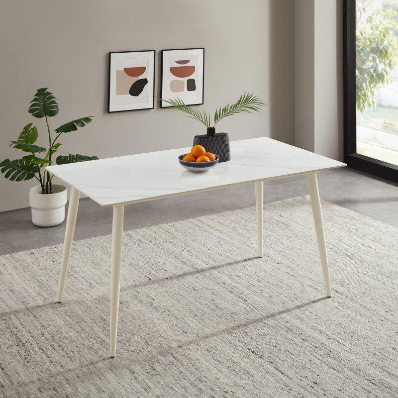 Beyaz ve Krem Seramik Dikdörtgen Bohem Yemek Masası - 140x80 cm - 236995