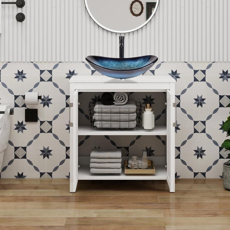 Beyaz ve Mavi Cam Lavabolu Yavaş Kapanır Kapaklı Ayaklı Ahşap Banyo Lavabo Dolabı - 77 cm - 201879