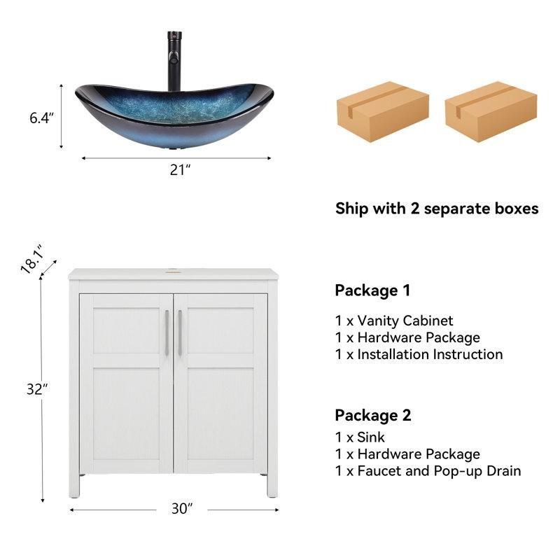 Beyaz ve Mavi Cam Lavabolu Yavaş Kapanır Kapaklı Ayaklı Ahşap Banyo Lavabo Dolabı - 77 cm - 201879