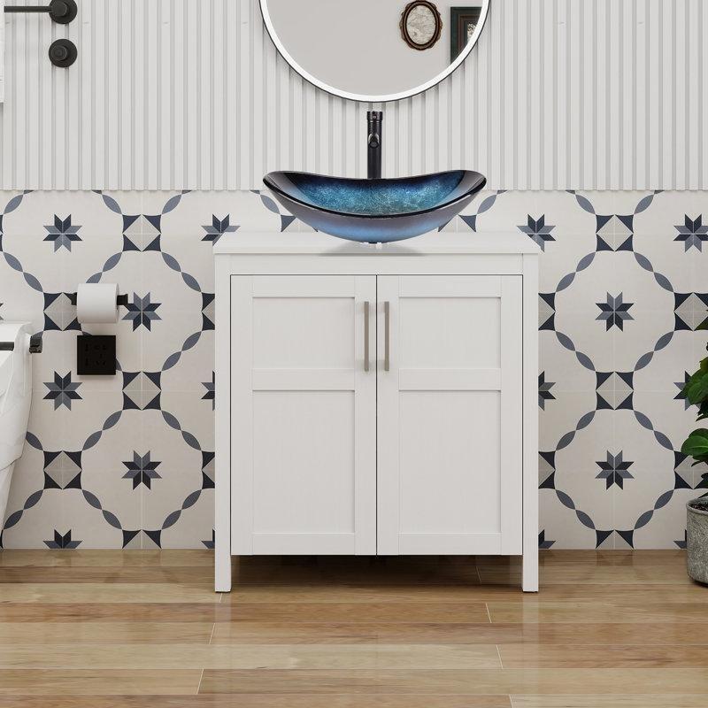 Beyaz ve Mavi Cam Lavabolu Yavaş Kapanır Kapaklı Ayaklı Ahşap Banyo Lavabo Dolabı - 77 cm - 201879