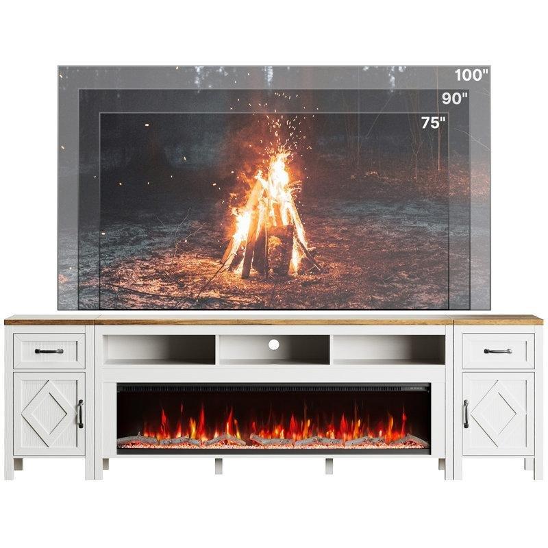 Beyaz ve Meşe Ahşap Şömineli Çekmeceli Dolaplı Tv Ünitesi - 248 cm - 220498