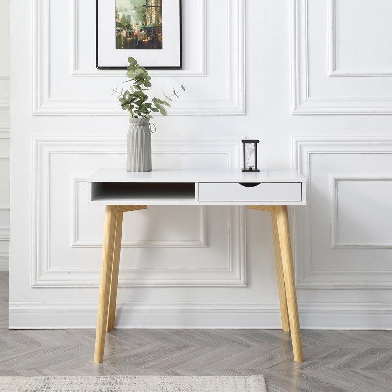 Beyaz ve Natürel Masif Ahşap Çekmeceli Raflı Vintage Çalışma Masası - 90 cm - 234613