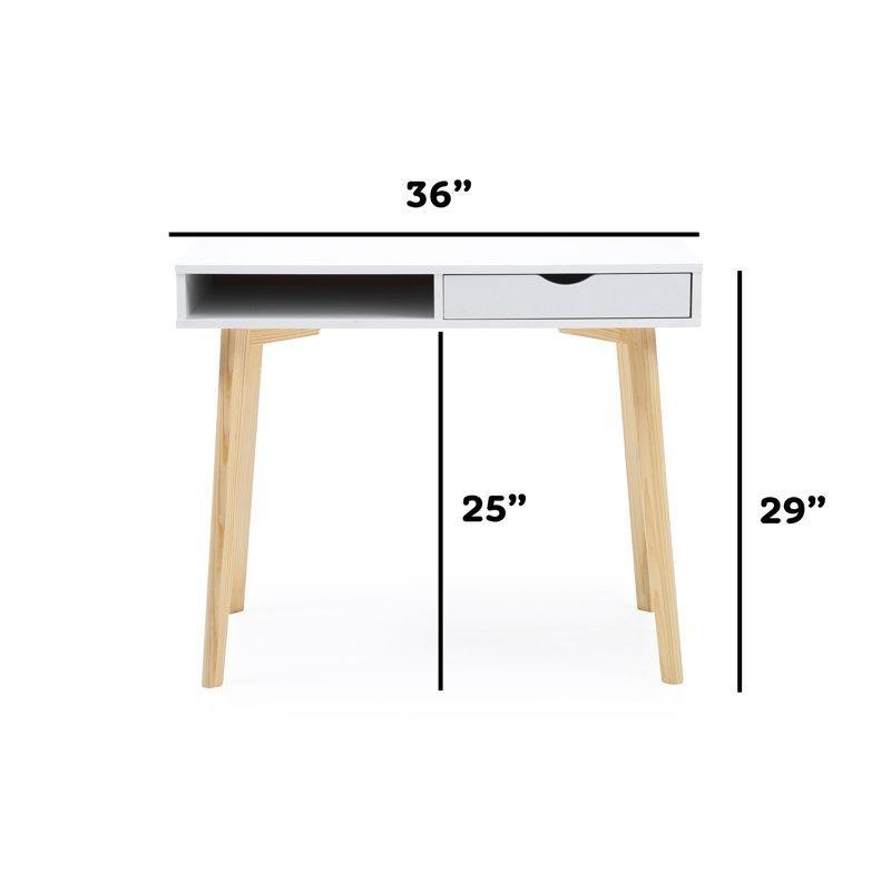 Beyaz ve Natürel Masif Ahşap Çekmeceli Raflı Vintage Çalışma Masası - 90 cm - 234613