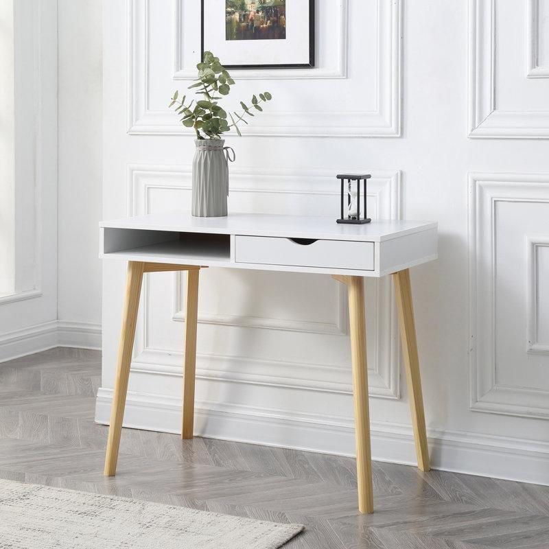 Beyaz ve Natürel Masif Ahşap Çekmeceli Raflı Vintage Çalışma Masası - 90 cm - 234613
