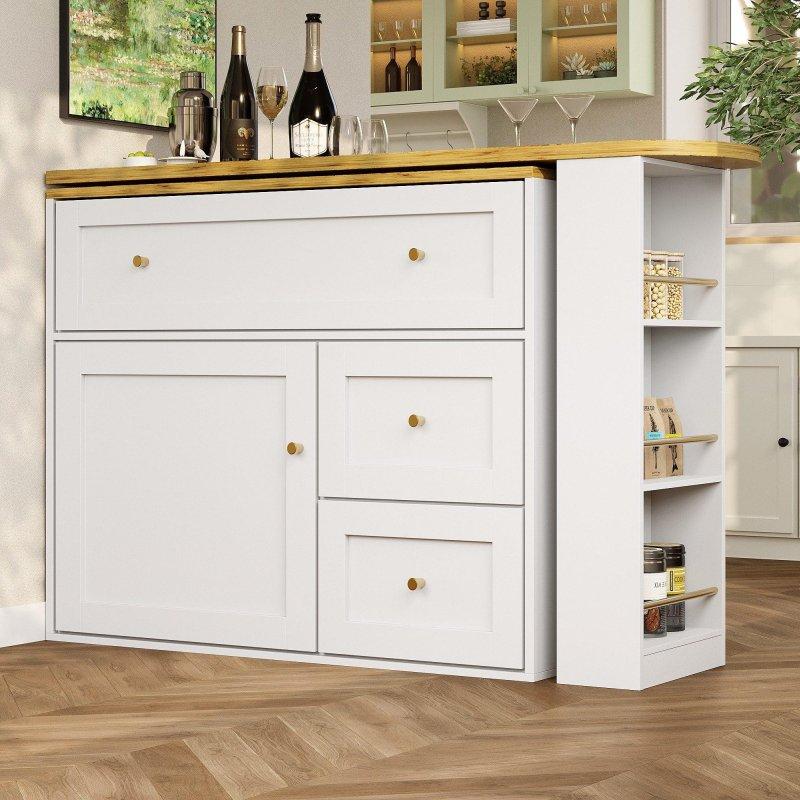 Beyaz ve Naturel MDF 360° Dönebilen Ayarlanabilir Çekmeceli Raflı Bar Masası - 204 cm - 232320