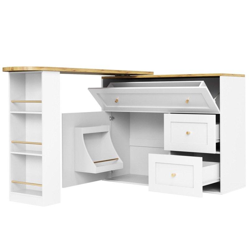Beyaz ve Naturel MDF 360° Dönebilen Ayarlanabilir Çekmeceli Raflı Bar Masası - 204 cm - 232320