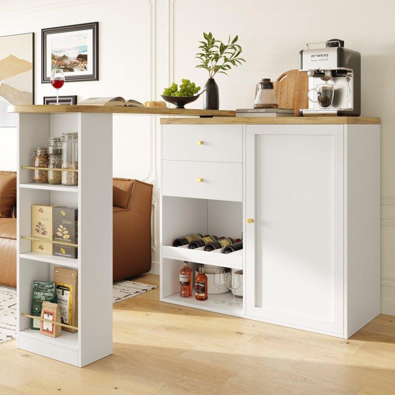 Beyaz ve Naturel MDF 360° Dönebilen Dolaplı ve Raflı Bar Masası - 138-204 cm - 232306