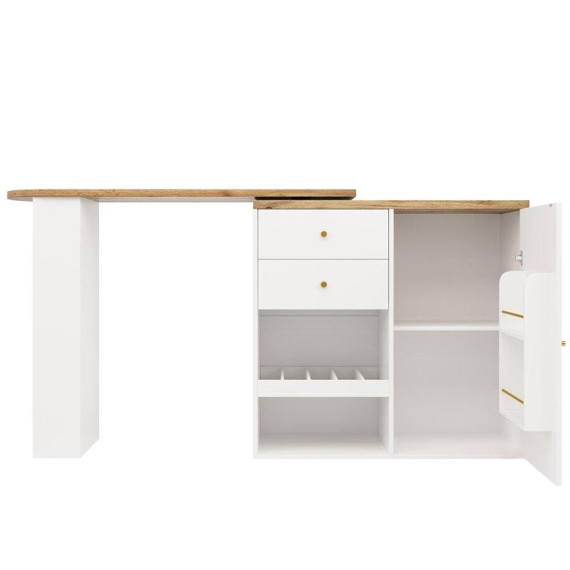 Beyaz ve Naturel MDF 360° Dönebilen Dolaplı ve Raflı Bar Masası - 138-204 cm - 232306