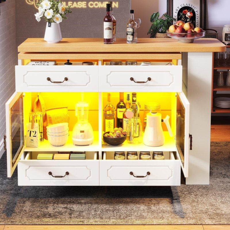 Beyaz ve Naturel MDF LED Aydınlatmalı 360° Dönebilen Çekmeceli Bar Masası - 232232
