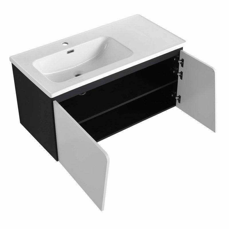 Beyaz ve Siyah Ahşap Duvara Monte Yavaş Kapanan Kapaklı Banyo Lavabo Dolabı - 51 cm - 202198