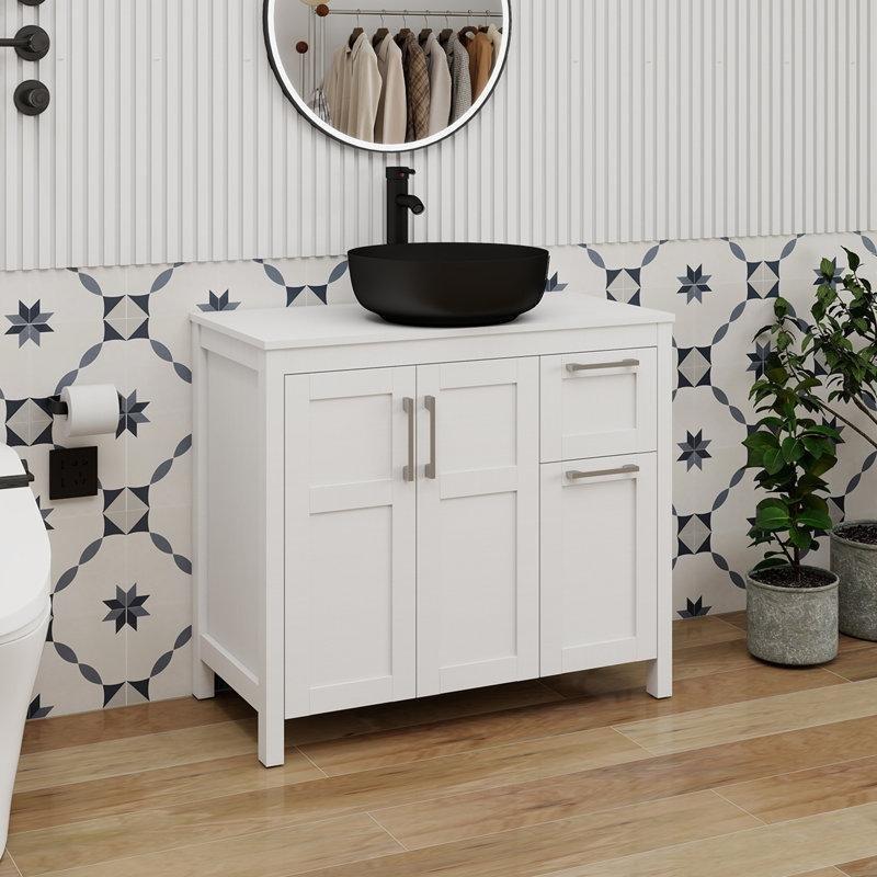 Beyaz ve Siyah Masif Ahşap Çekmeceli Yavaş Kapanır Çanak Lavabolu Ayaklı Banyo Lavabo Dolabı - 91 cm - 200286