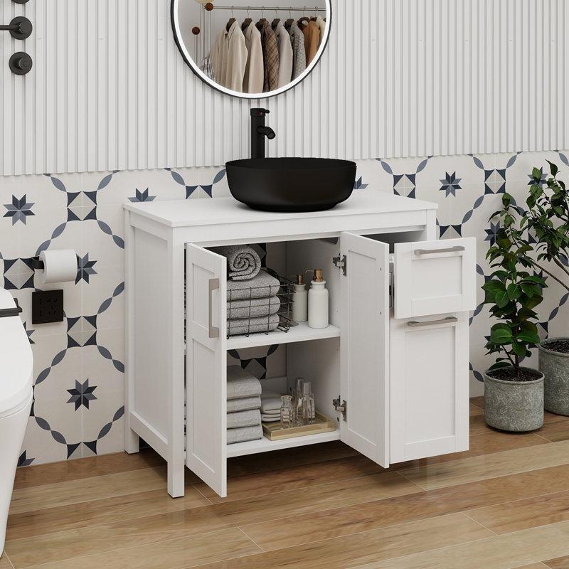 Beyaz ve Siyah Masif Ahşap Çekmeceli Yavaş Kapanır Çanak Lavabolu Ayaklı Banyo Lavabo Dolabı - 91 cm - 200286