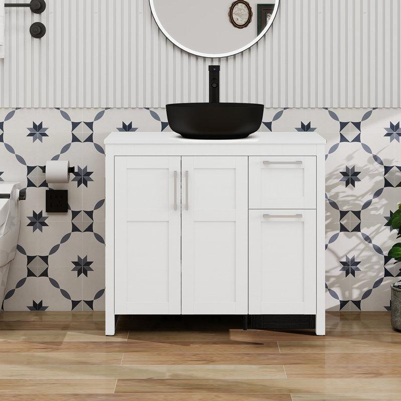 Beyaz ve Siyah Masif Ahşap Çekmeceli Yavaş Kapanır Çanak Lavabolu Ayaklı Banyo Lavabo Dolabı - 91 cm - 200286