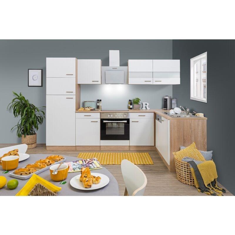 Beyaz ve Sonoma Meşe Soft-Close Cam Kapaklı Köşe Mutfak Modeli - 280x172 cm - 185918