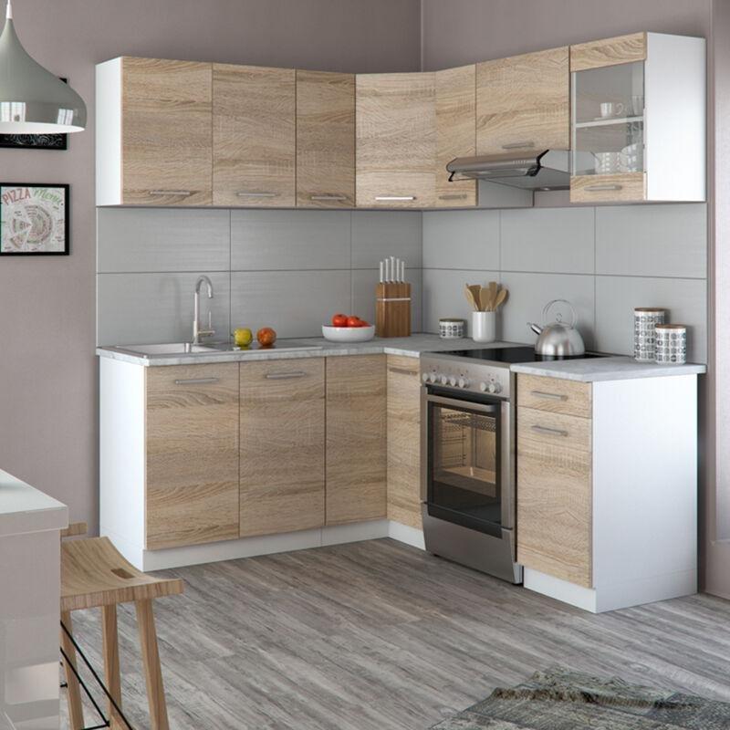 Beyaz ve Sonoma Meşe Suntalam Tezgahlı L Tipi Köşe Mutfak - 187x167 cm - 186113