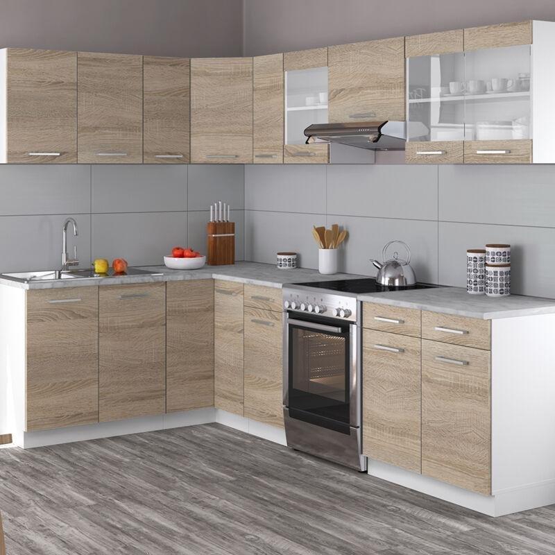 Beyaz ve Sonoma Rengi Mermer Desenli Tezgahlı Modüler L Tipi Mutfak Dolabı - 267x167 cm - 186088