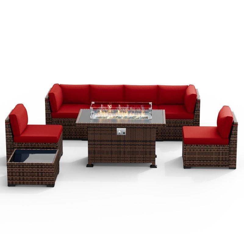 Bordo Kahverengi Rattan Modüler Ateş Çukurlu Köşe Bahçe Takımı - 210799