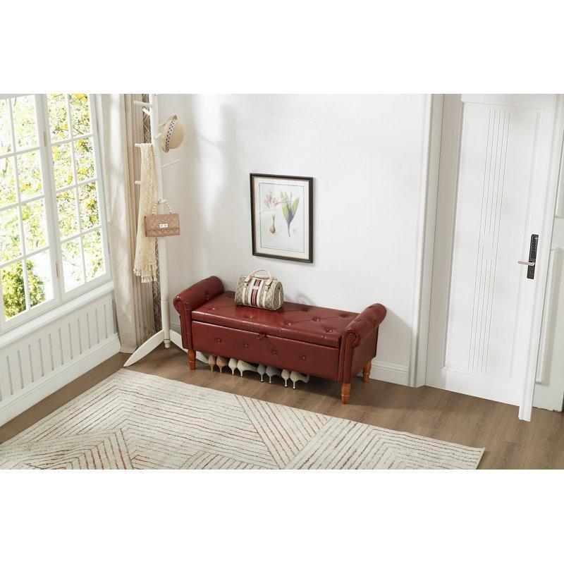 Bordo Keten Döşemeli Sandıklı Kapitoneli Kollu Masif Ahşap Bench - 102 cm - 164488