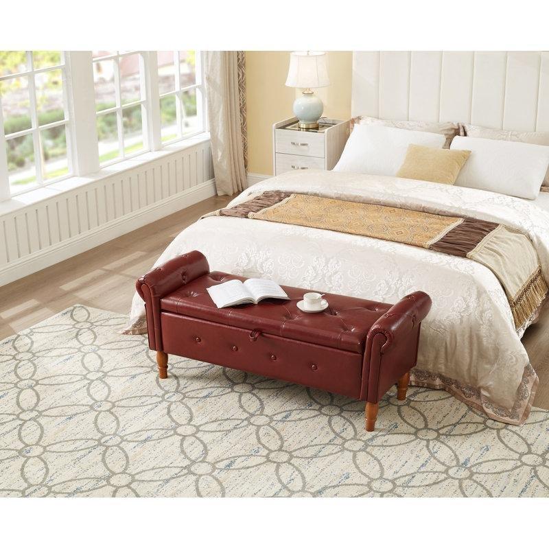 Bordo Keten Döşemeli Sandıklı Kapitoneli Kollu Masif Ahşap Bench - 102 cm - 164488