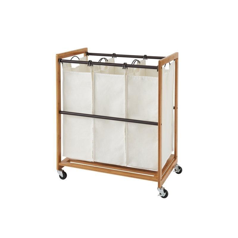 Bronz Bambu Tekerlekli 3 Bölmeli Raflı Çamaşır Sepeti - 69x44x82 cm - 187823