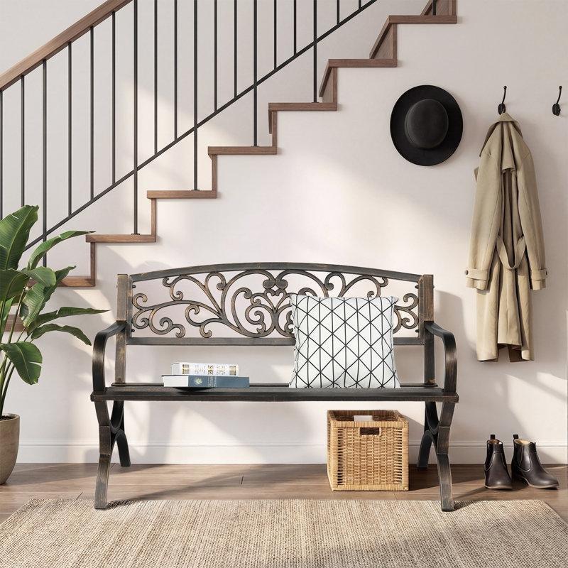Bronz Toz Boyalı Çelik Eskitme Tasarımlı Kavisli Kollu Bahçe Bankı - 127 cm - 172530