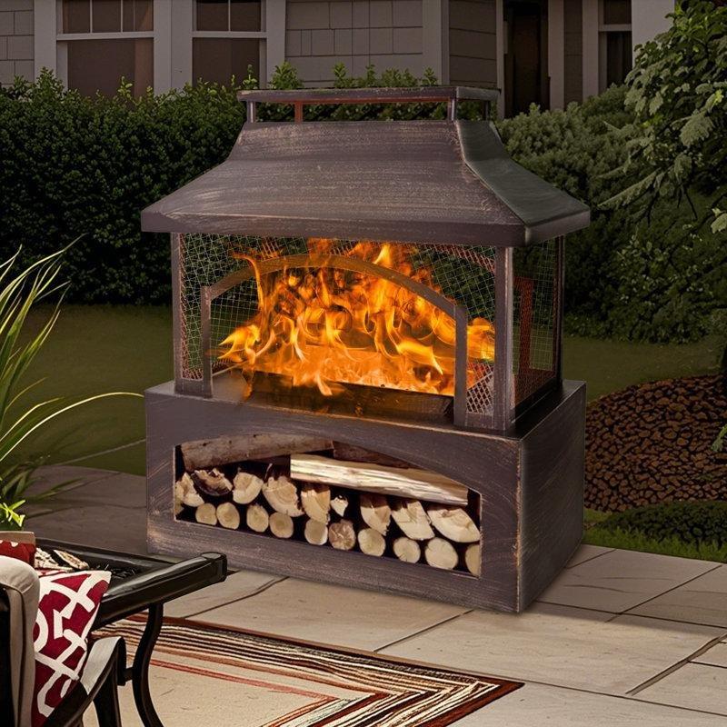 Bronze Çelik Dikdörtgen Odun Hazneli Şömine Soba - 94x82 cm - 189544