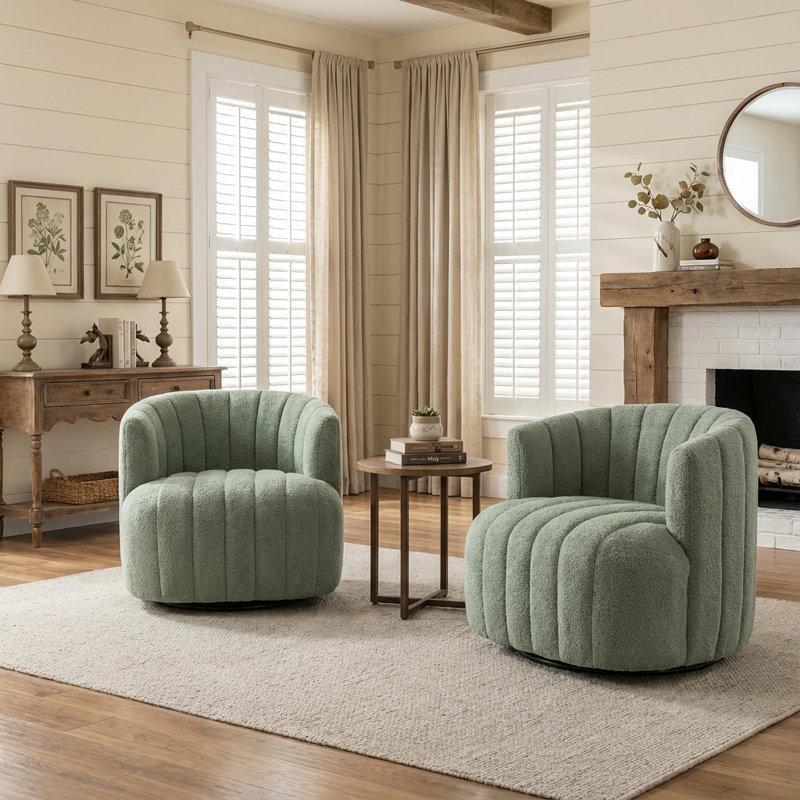 Bukle Kumaş Kapitoneli Döner 2li Set Tekli Koltuk - 202389