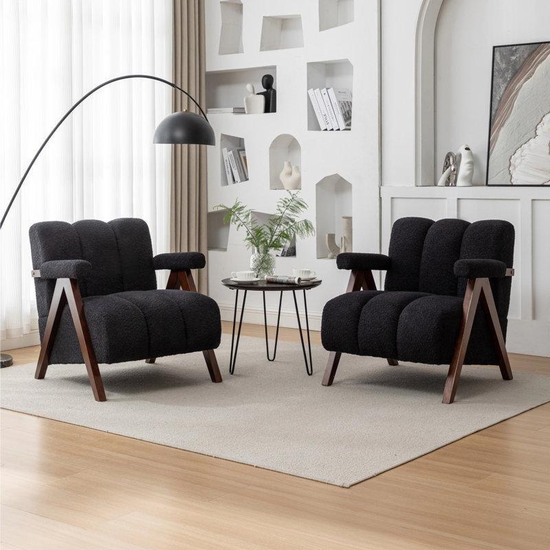 Bukle Kumaş Kapitoneli Masif Ahşap Kolçaklı 2li Set Tekli Koltuk - 203017