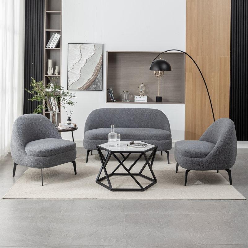 Bukle Kumaş Metal Ayaklı Kavisli Tasarım Koltuk Takımı - 192370