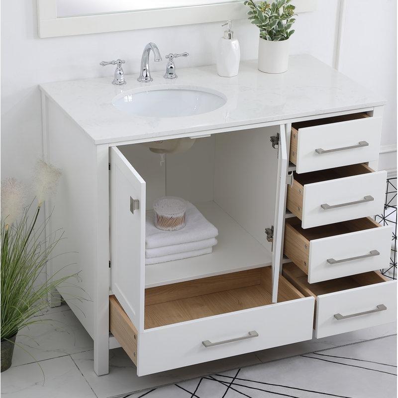 Calacatta Beyaz Endüstriyel Mermer Tezgahlı Masif Kauçuk Ağacı 5 Çekmeceli Banyo Lavabo Dolabı - 107 cm - 197752