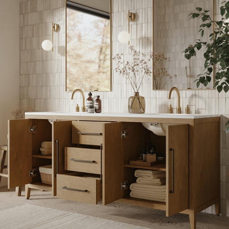 Calacatta Gold Kuvars Tezgahlı Masif Meşe Ahşap İkili Lavabolu Yavaş Kapanır Banyo Lavabo Dolabı - 183 cm - 198040