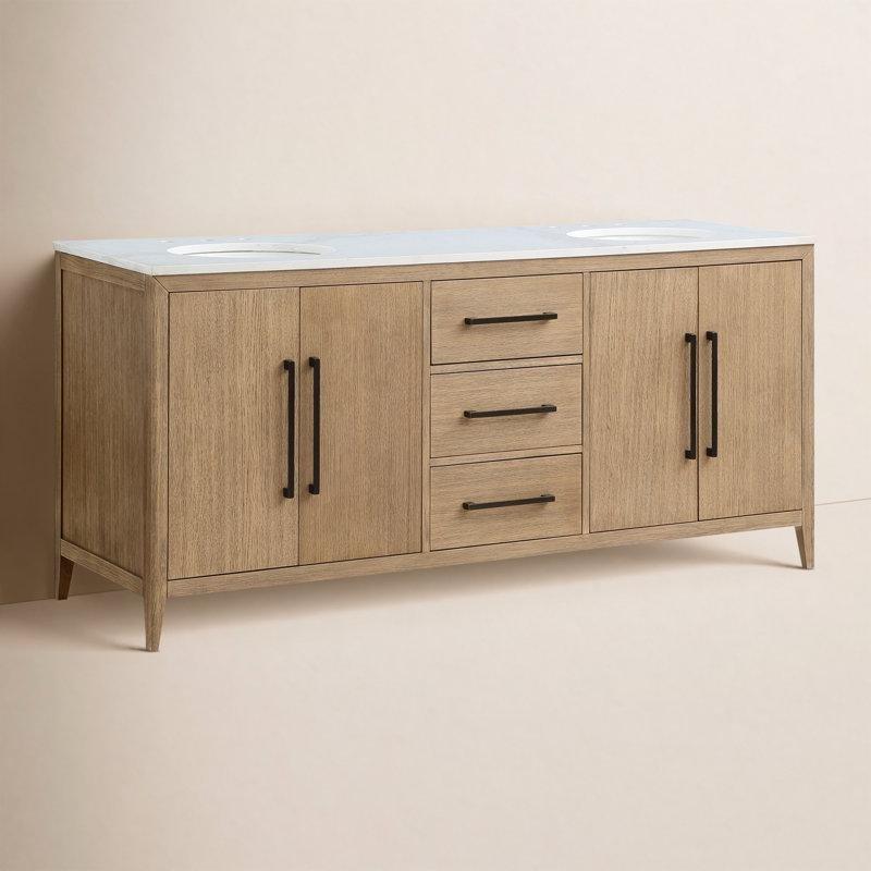 Calacatta Gold Kuvars Tezgahlı Masif Meşe Ahşap İkili Lavabolu Yavaş Kapanır Banyo Lavabo Dolabı - 183 cm - 198040