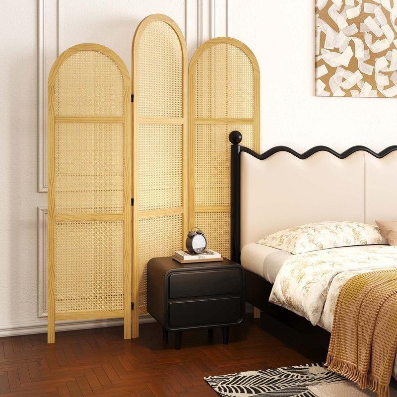 Çam Ahşap Çerçeveli 3 Panelli Katlanır Bambu Desenli Paravan - 186x135 cm - 184702