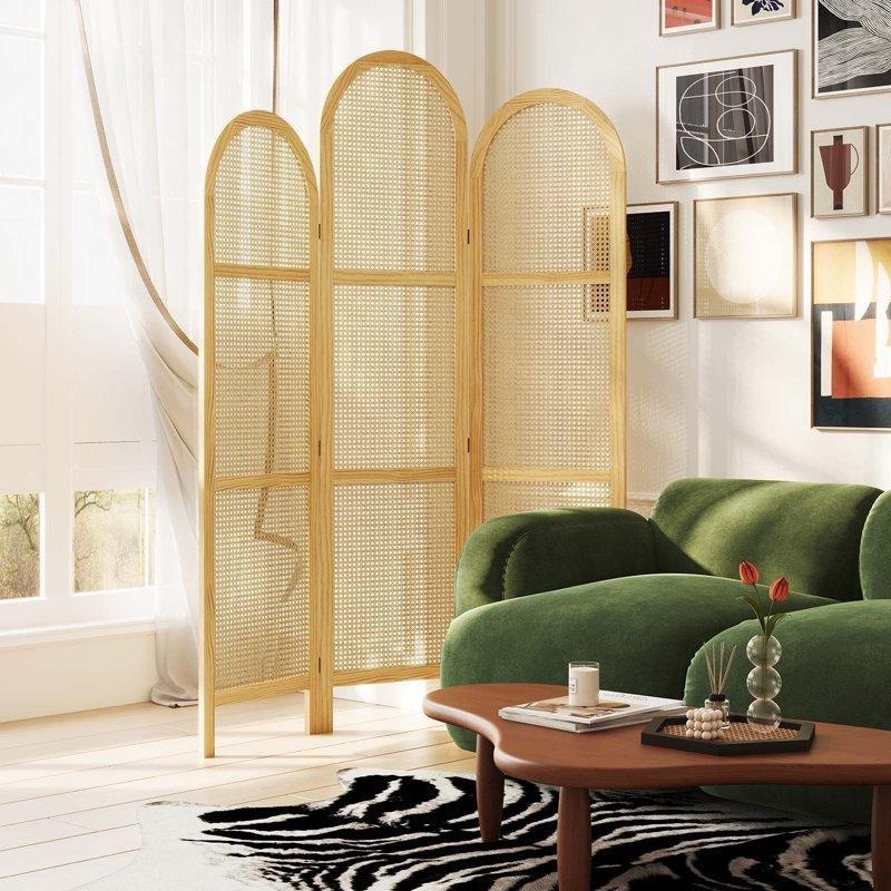 Çam Ahşap Çerçeveli 3 Panelli Katlanır Bambu Desenli Paravan - 186x135 cm - 184702