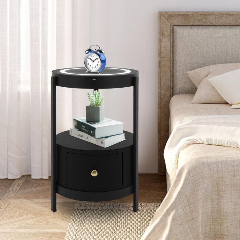 Cam Tablalı LED Aydınlatmalı Kablosuz Şarjlı ve USB Girişli Akıllı Yuvarlak Komodin - 224107