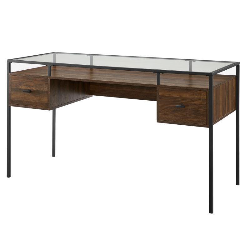 Cam Tablalı Metal ve Ahşap 2 Çekmeceli Raflı Vintage Çalışma Masası - 143 cm - 234149
