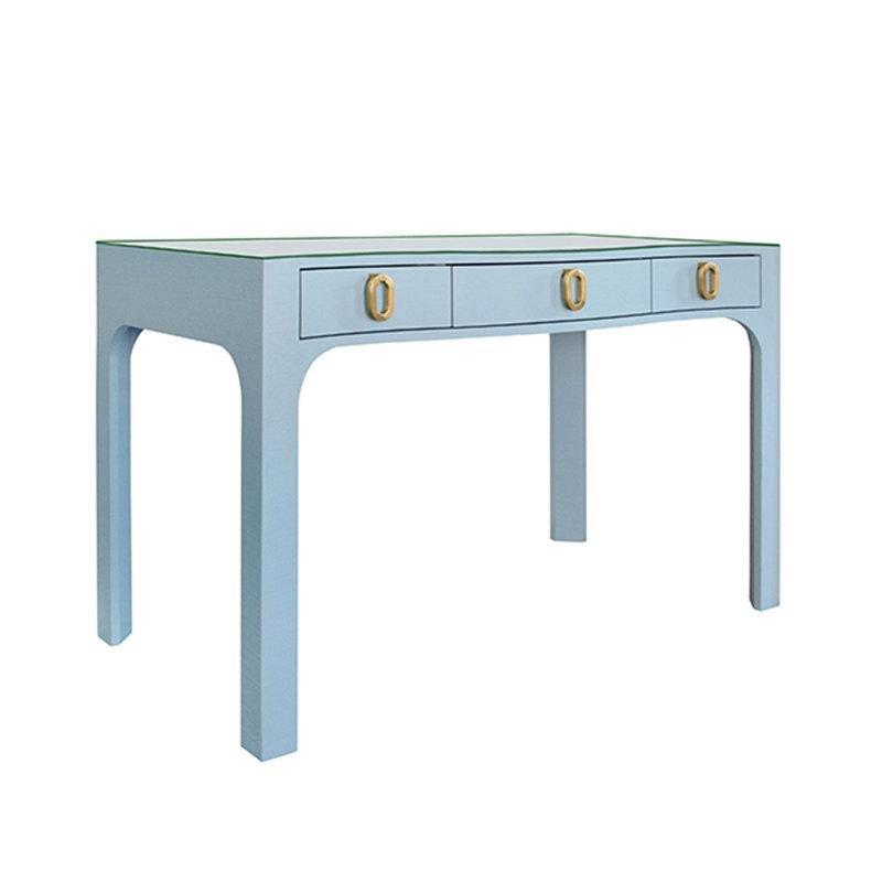 Cam Tablalı Pirinç Detaylı Keten Dokulu 3 Çekmeceli Vintage Çalışma Masası - 122x61 cm - 234108