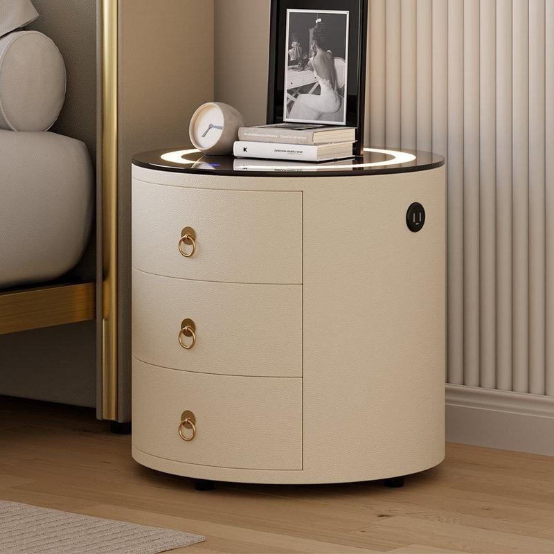 Cam Tablalı Suni Deri 3 Çekmeceli Yuvarlak LED Işıklı Akıllı Komodin - 46x46 cm - 224012