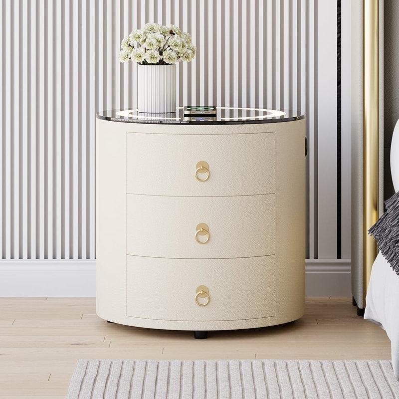 Cam Tablalı Suni Deri 3 Çekmeceli Yuvarlak LED Işıklı Akıllı Komodin - 46x46 cm - 224012