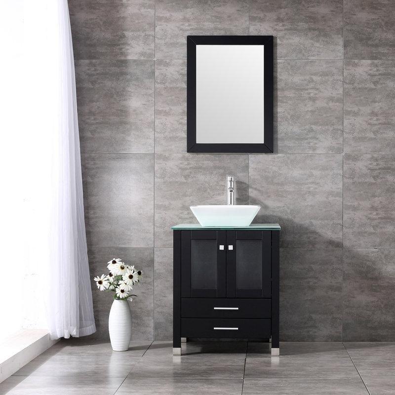 Cam Tezgahlı Siyah MDF Aynalı ve Bataryalı Çanak Lavabolu Banyo Dolabı Seti - 64 cm - 200246