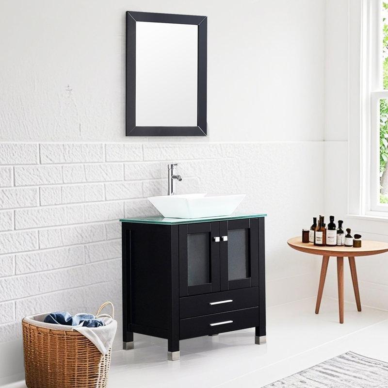Cam Tezgahlı Siyah MDF Aynalı ve Bataryalı Çanak Lavabolu Banyo Dolabı Seti - 64 cm - 200246