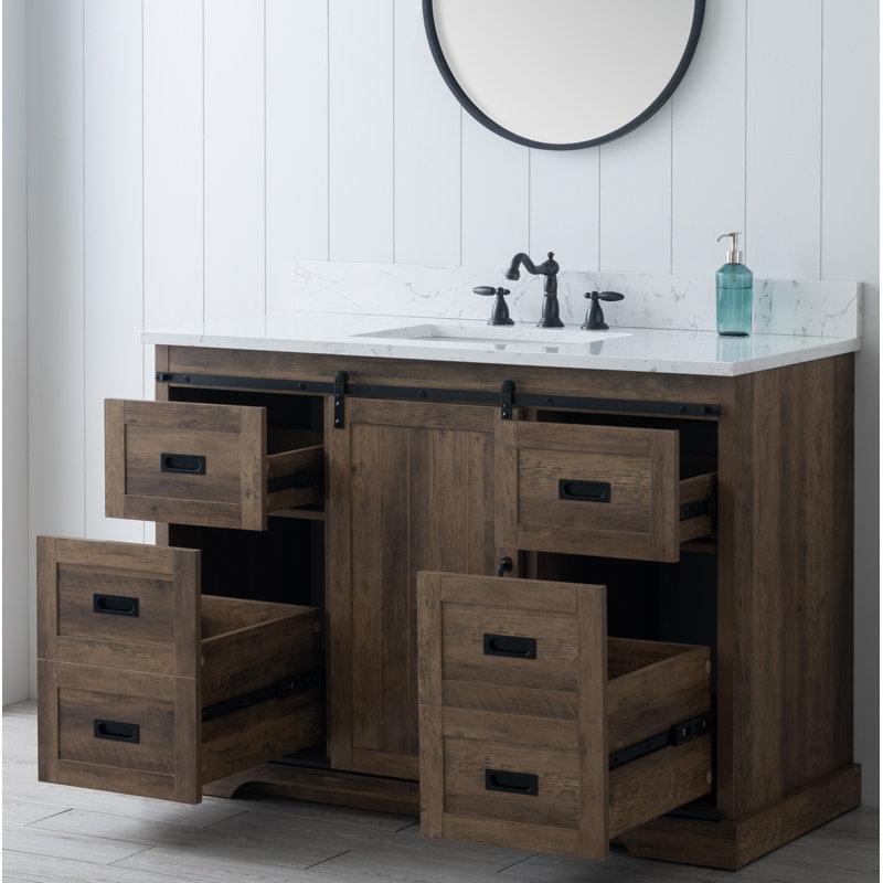 Canella Kahverengi Endüstriyel Ahşap Mermer Tezgahlı Sürgülü Kapaklı Banyo Lavabo Dolabı - 122 cm - 200515