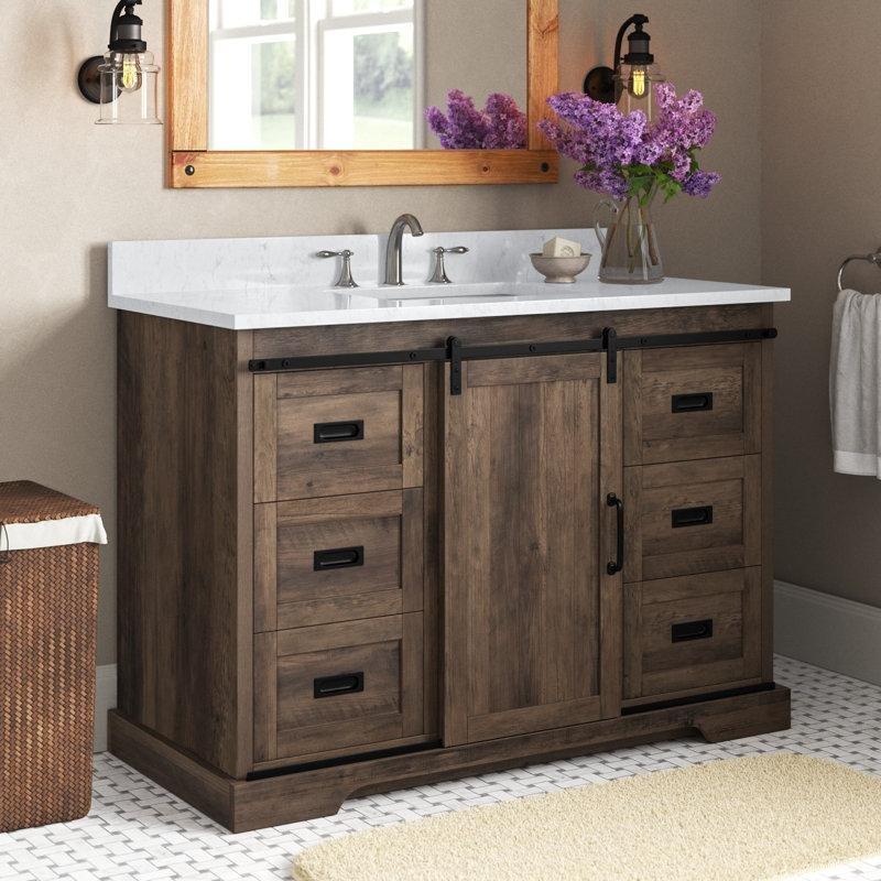 Canella Kahverengi Endüstriyel Ahşap Mermer Tezgahlı Sürgülü Kapaklı Banyo Lavabo Dolabı - 122 cm - 200515