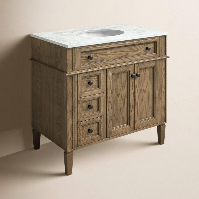 Carrara Beyazı Mermer Tezgahlı Ayaklı Kauçuk Ağacı Banyo Lavabo Dolabı - 92 cm - 198430
