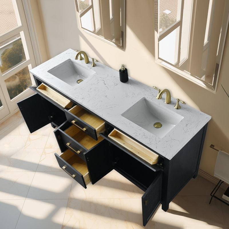 Carrara Beyazı Mermer Tezgahlı Eskitme Masif Ahşap Çekmeceli İkili Banyo Lavabo Dolabı - 186 cm - 200010