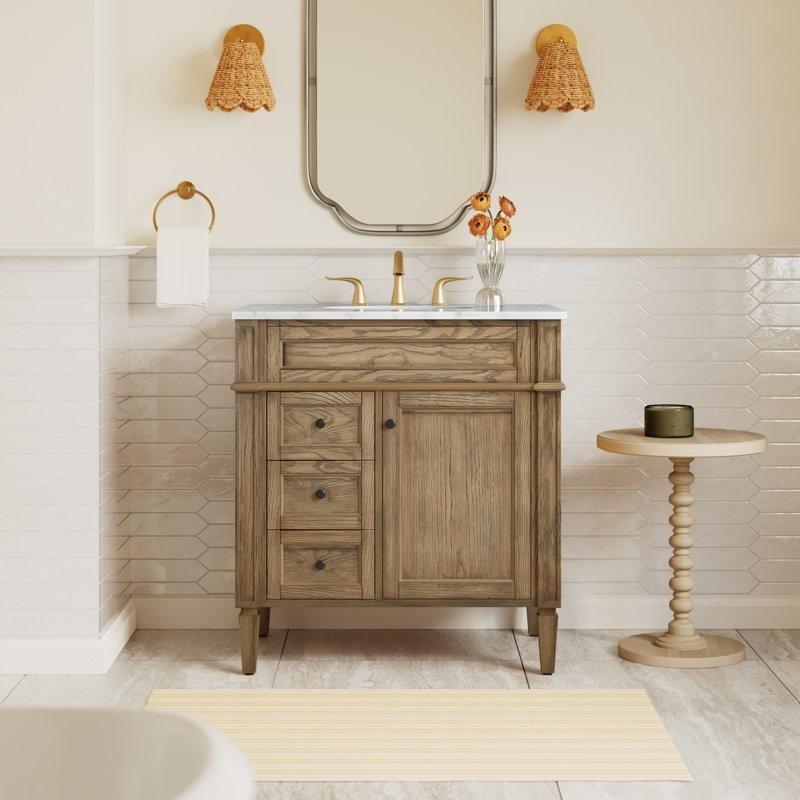 Carrara Beyazı Mermer Tezgahlı Koyu Kahverengi Masif Ahşap Ayaklı Banyo Lavabo Dolabı - 82 cm - 198847