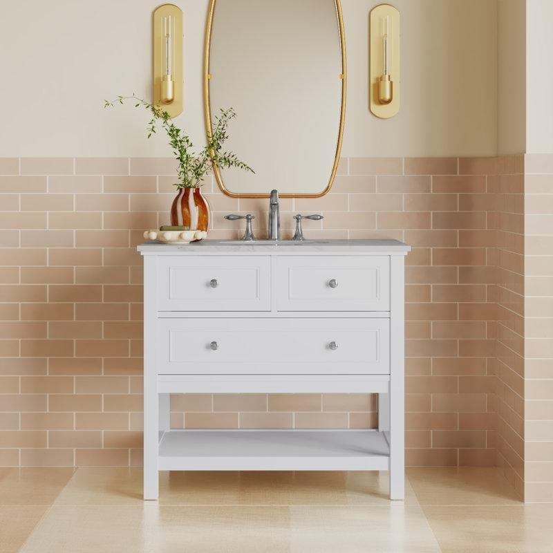 Carrara Beyazı Mermer Tezgahlı Masif Ahşap Ayaklı Çekmeceli Banyo Lavabo Dolabı - 92 cm - 201886