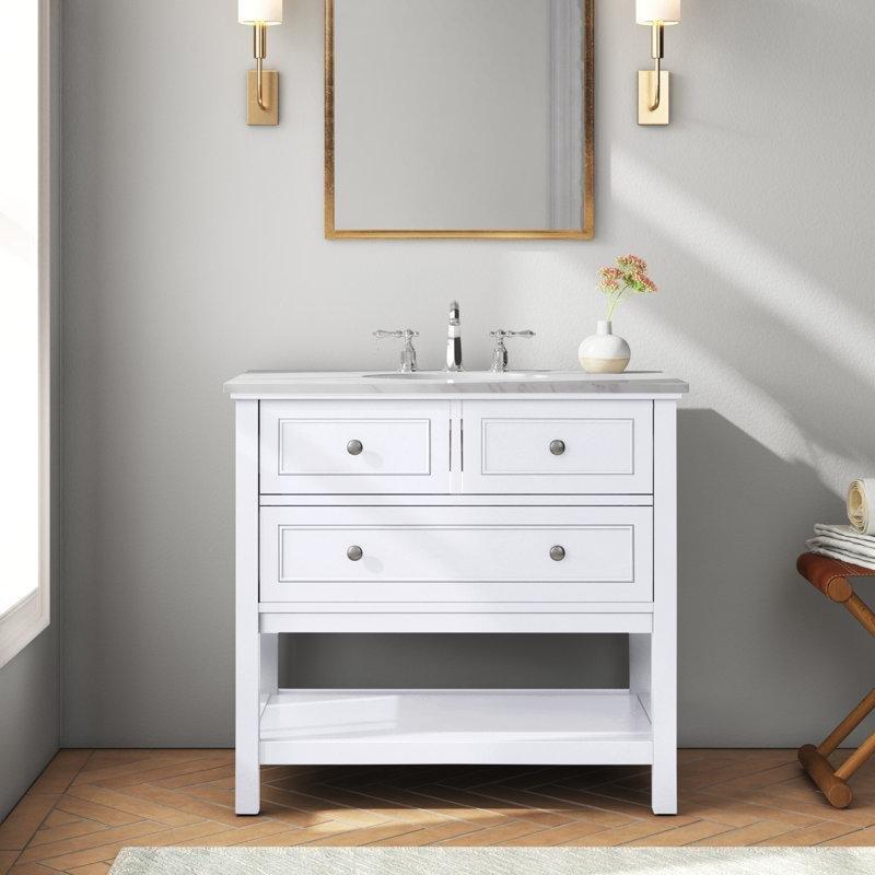 Carrara Beyazı Mermer Tezgahlı Masif Ahşap Ayaklı Çekmeceli Banyo Lavabo Dolabı - 92 cm - 201886