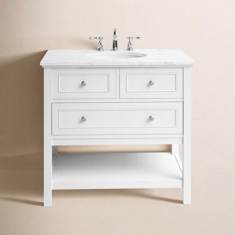 Carrara Beyazı Mermer Tezgahlı Masif Ahşap Ayaklı Çekmeceli Banyo Lavabo Dolabı - 92 cm - 201886